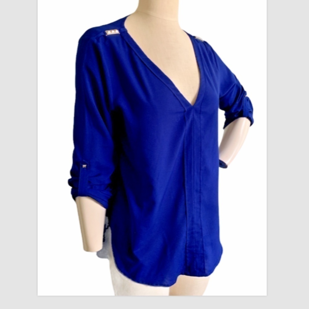 Zara Basic Roll Tab V-neck Blouse L Royal Blue Stud Shoulder Accent #225D - Picture 3 of 7
